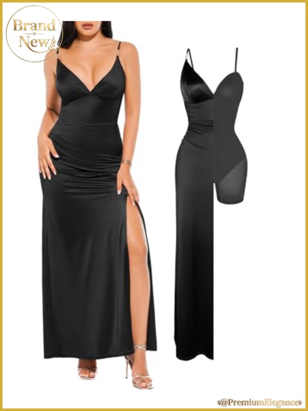 Satin Maxi Dress Ruched Bodycon Rhinestone Straps Shapewear